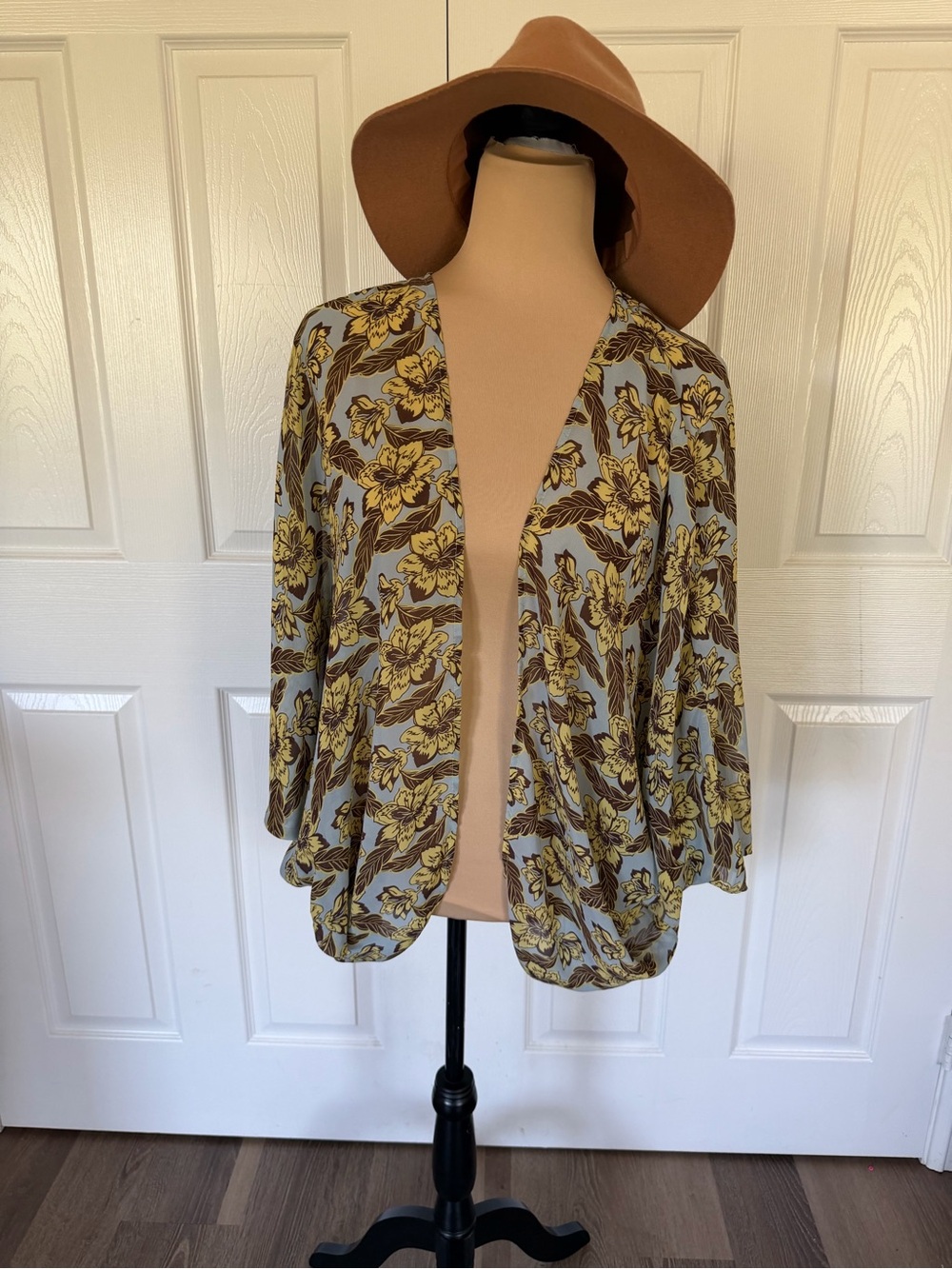 CeCe Yellow and Brown Floral Open-Front Cardigan